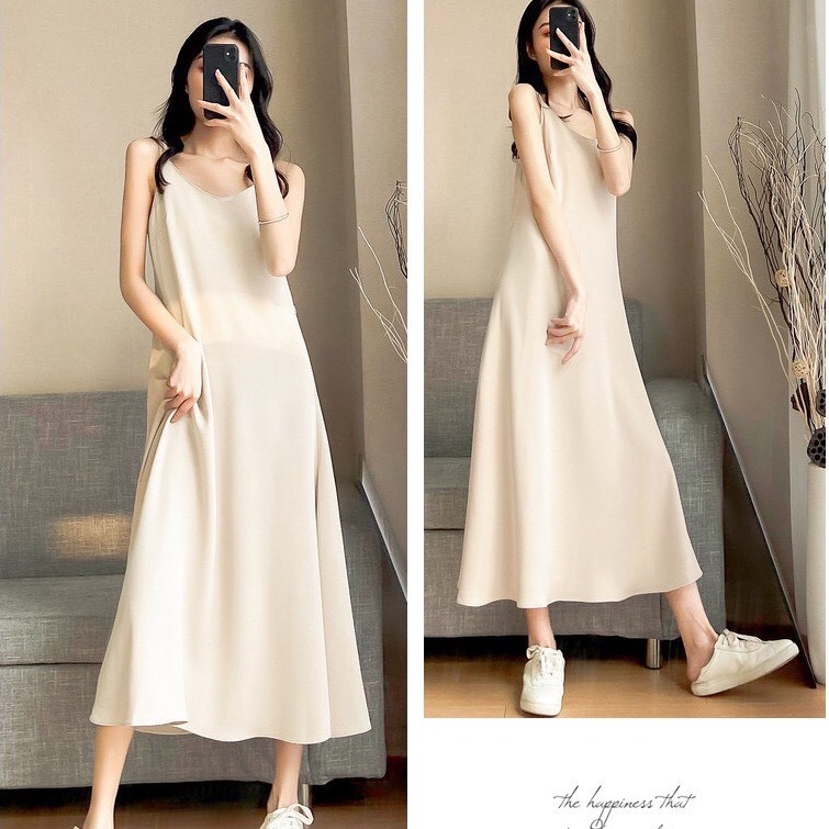 Đầm maxi hai dây cổ tim dáng dài đũi xước hai màu đen be