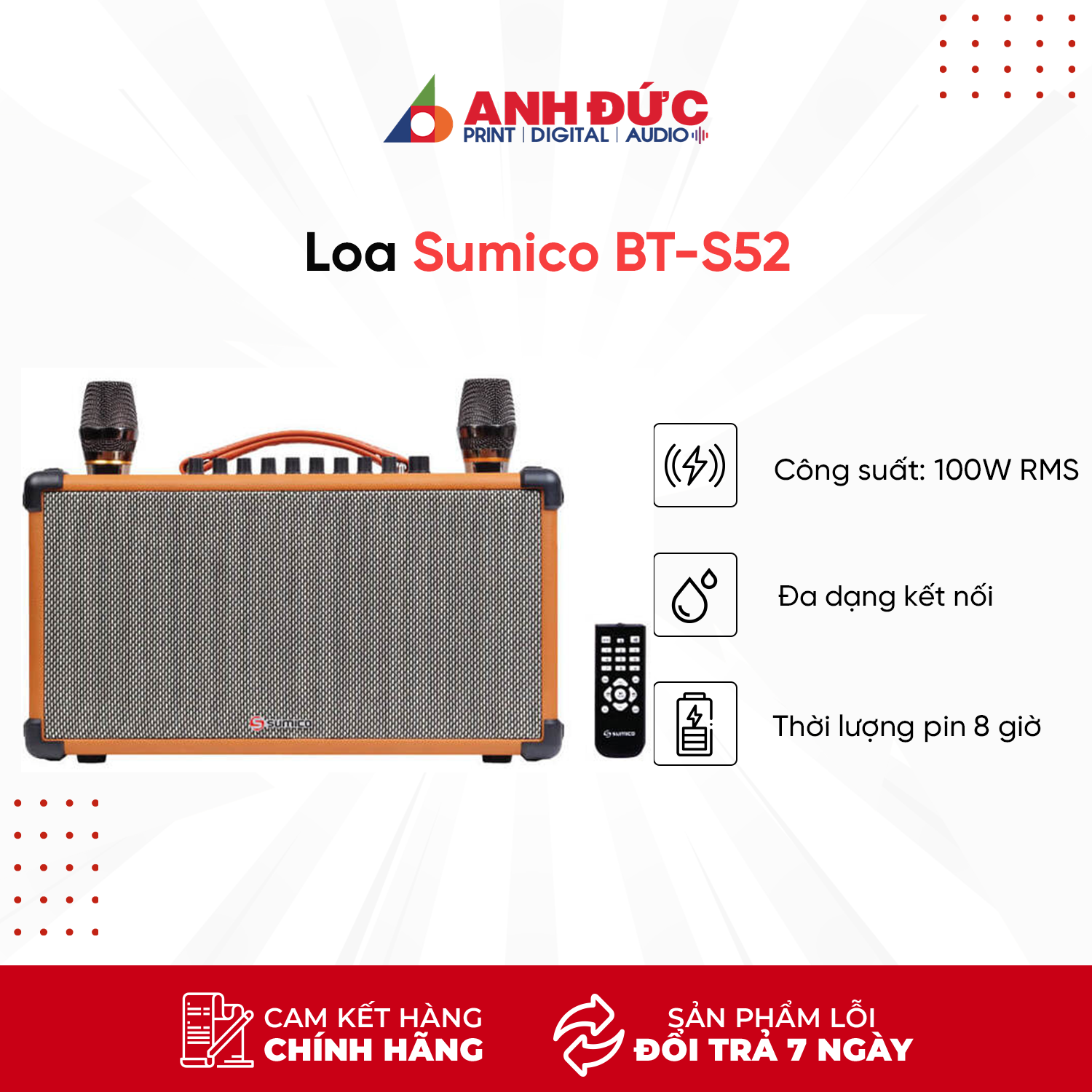 Loa Karaoke Xách Tay Sumico BT-S52 - Kèm 2 Micro Không Dây - Hàng Chính Hãng