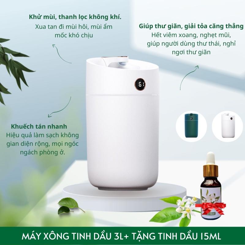 Máy xông tinh dầu cỡ lớn Humidifier dung tích 3L, tạo độ ẩm phòng điều hòa, khuếch tán tinh dầu, đèn Led