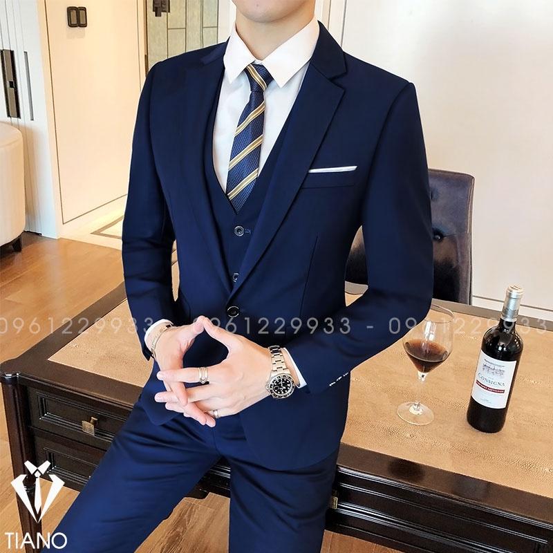 Bộ Vest nam màu Xanh Than 1 cúc, form ôm body, chất vải dày mịn co giãn nhẹ. Suit Nam Cao Cấp