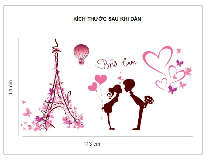 Decal dán tường trang trí phòng ngủ lãng mạn hình Couple bên tháp Eiffel - decal tình yêu DKN081 (61 x 113 cm)