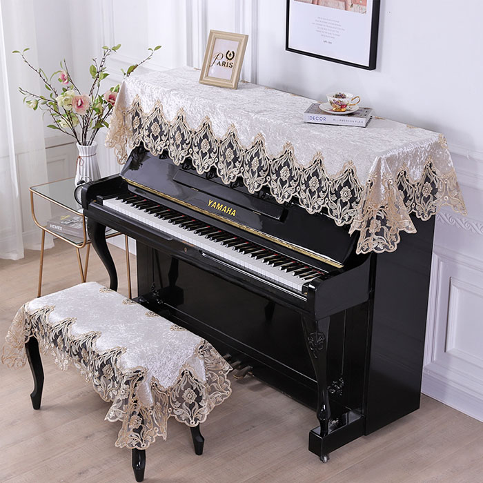 Khăn phủ đàn piano CÁT TƯỜNG, R7yt, giúp trang trí cho đàn và bảo vệ đàn khỏi bụi bẩn tối đa,chất vải GẤM màu kem ánh nhũ bạc cực đẹp x 1 bộ ★