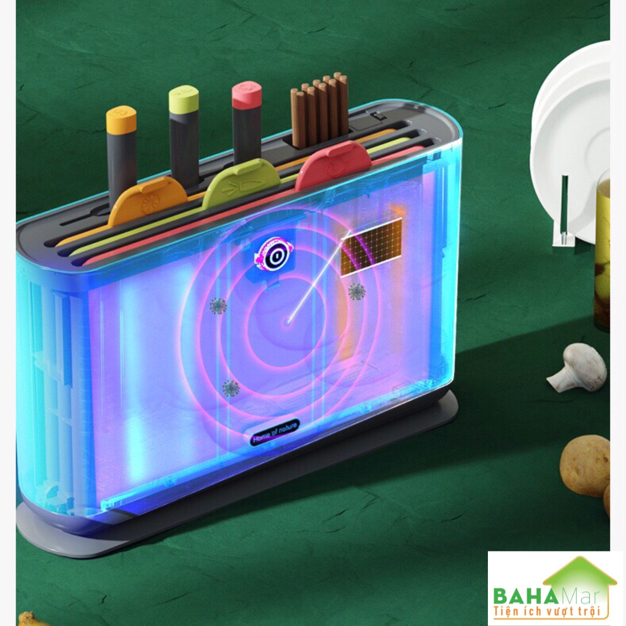 MÁY LÀM KHÔ TIỆT TRÙNG DAO THỚT BẰNG ÁNH SÁNG XANH UV CÓ SẠC NĂNG LƯỢNG MẶT TRỜI "BAHAMAR" Có sạc năng lượng ánh sáng, có hệ thống khử trùng bằng ánh sáng xanh, làm khô bằng không khí