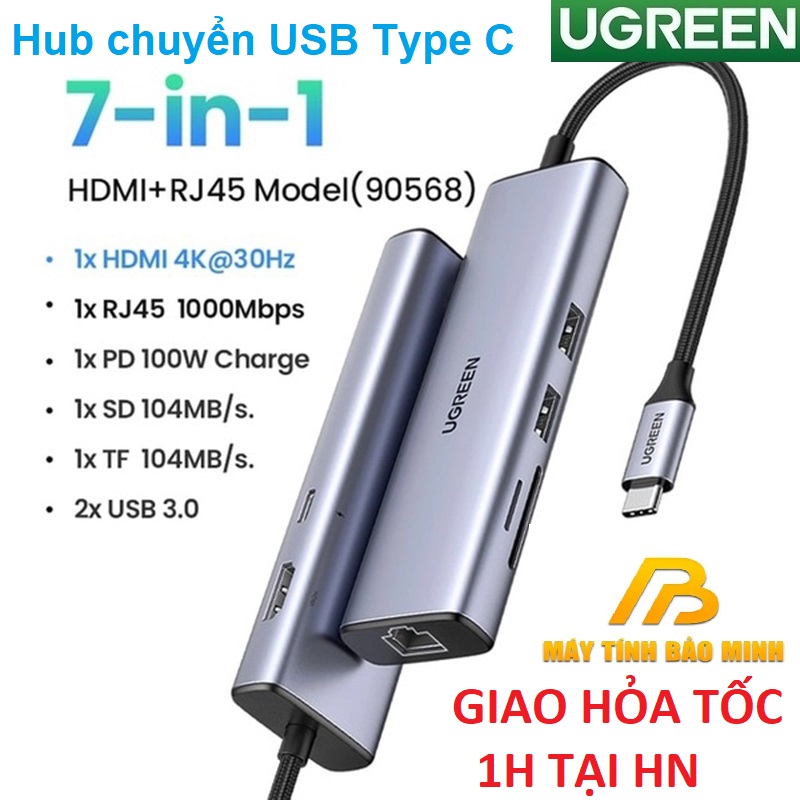 Hub 7 in 1 Chuyển Đổi USB-C sang HDMI 4K@30HZ + USB 3.0 + SD/TF + PD 100W Ugreen 90568 - Hàng Chính Hãng