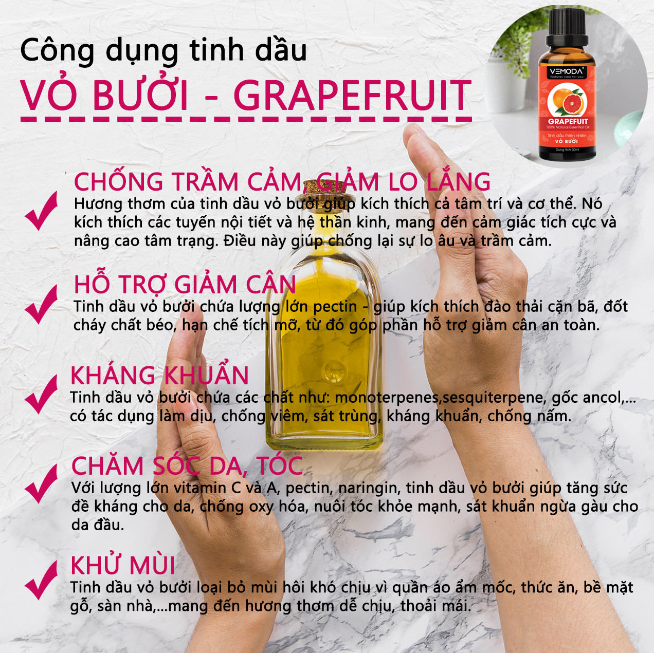 Tinh dầu xông phòng, combo thư giãn cao cấp gồm 3 chai tinh dầu nguyên chất: tinh dầu Vỏ bưởi HG + tinh dầu Sả chanh + tinh dầu Vỏ quế Vemoda
