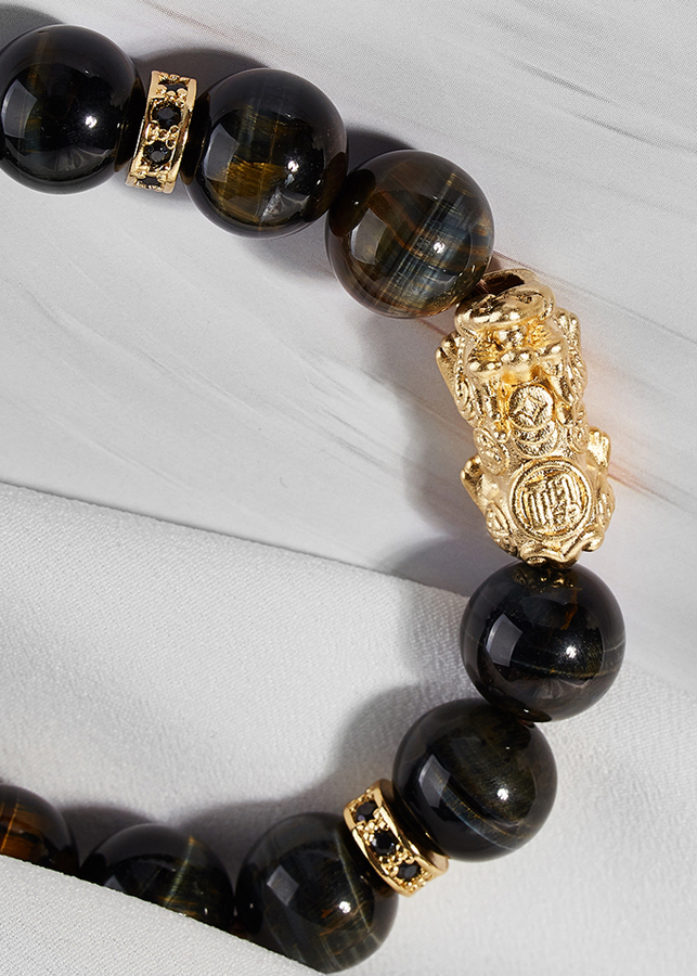 Vòng thạch anh mắt hổ phối tỳ hưu bạc mạ vàng 24K Ngọc Quý Gemstones