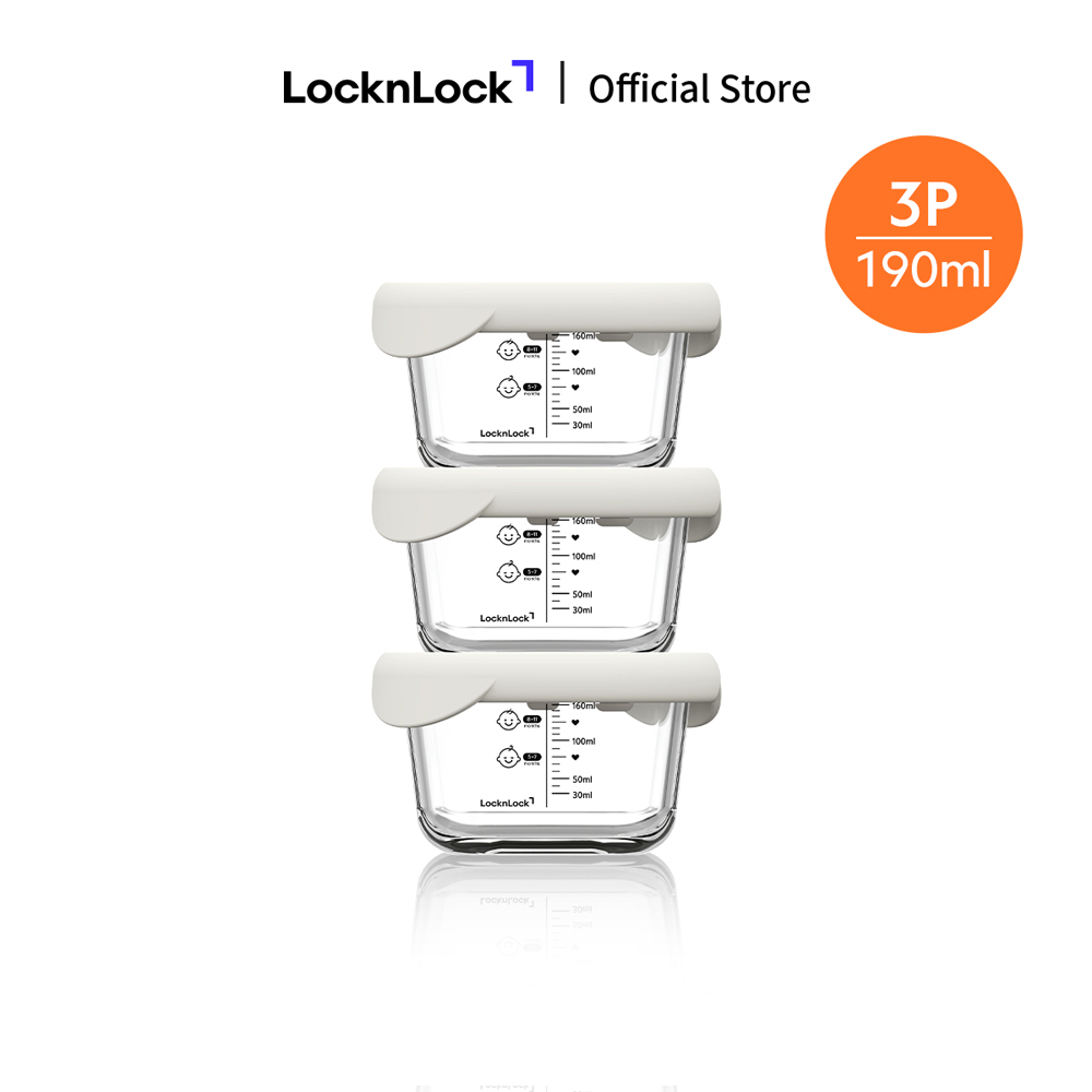 Bộ 3 Hộp Thủy Tinh Đựng Thức Ăn Dặm Cho Bé LocknLock LLG1031S3IVY Có Nắp Silicon, Vạch Chia - Hàng Chính Hãng - JoyMall