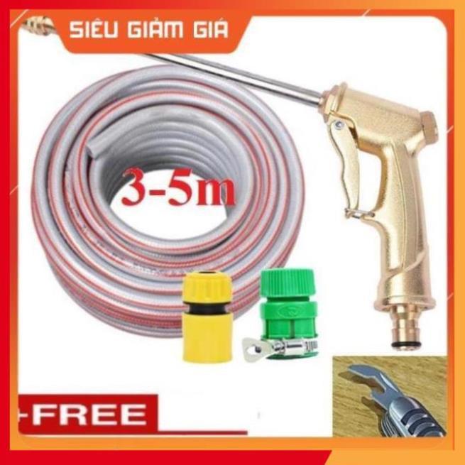 Bộ dây vòi xịt nước rửa xe, tưới cây .tăng áp 3 lần,loại 3m,5m 206701-3 đầu đồng,cút nối nhựa vàng+ tặng mở chai