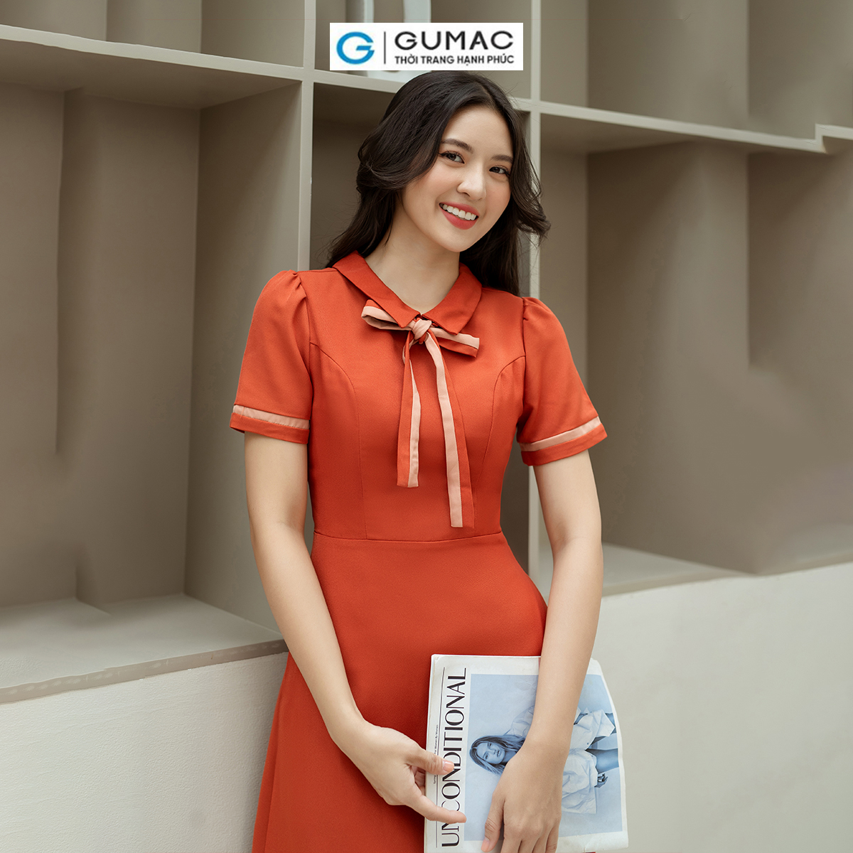 Đầm A nẹp tay phối thời trang GUMAC LDD0805