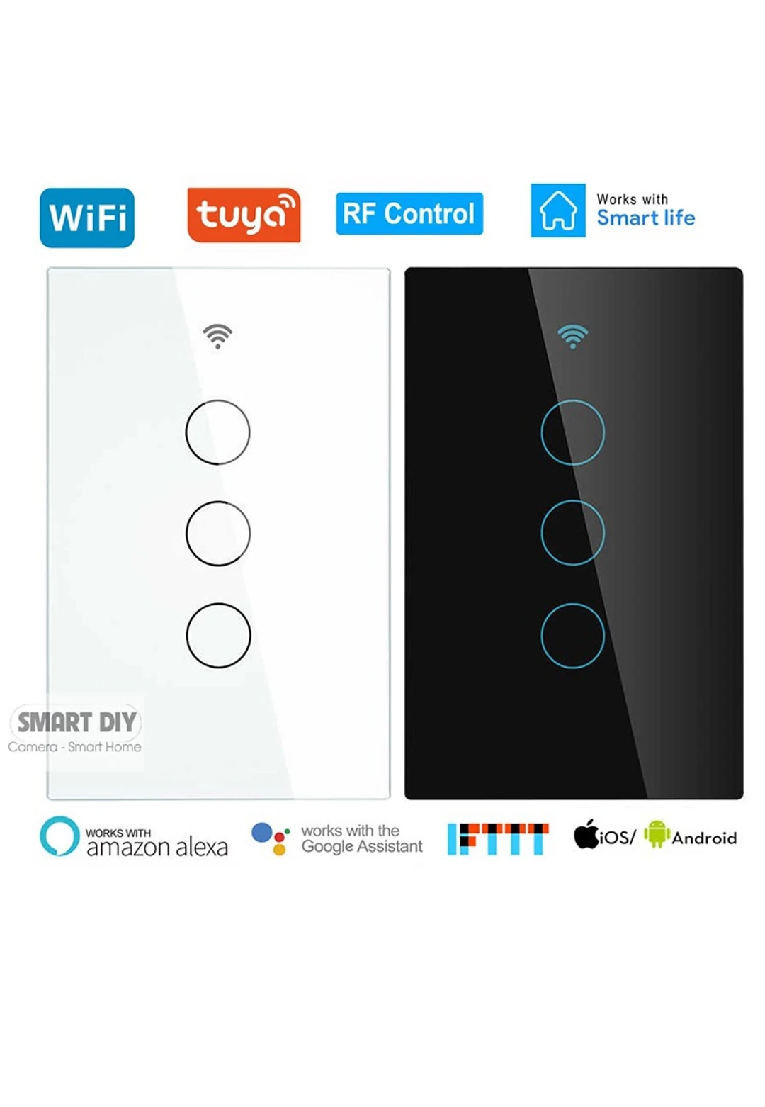Công tắc wifi thông minh 3 nút cảm ứng màu trắng sử dụng tuya qua điện thoại
