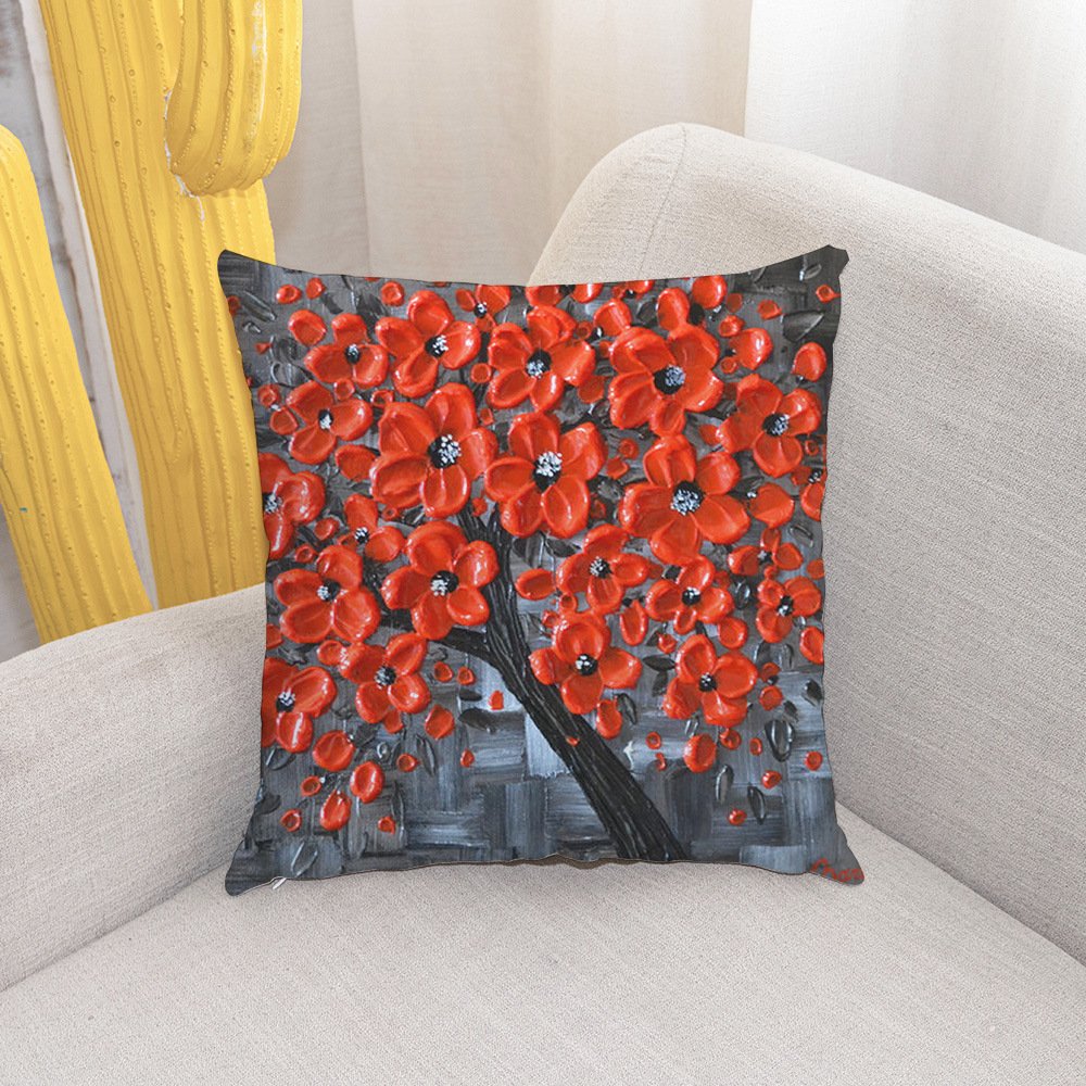 Vỏ gối tựa sofa hoa đào nở rực rỡ vải êm mềm mịn