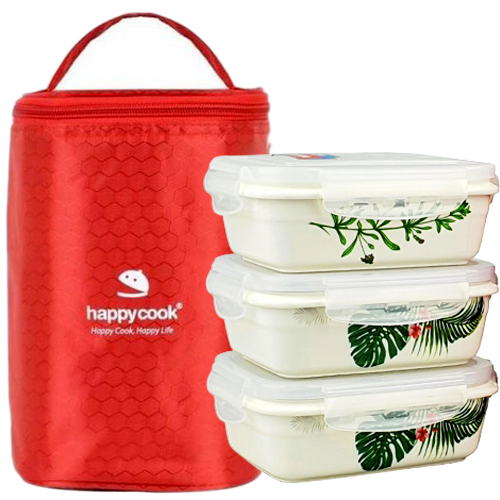 Hộp Cơm Sứ 3 Tầng Chữ Nhật Happycook Tặng Túi Đựng Giữ Nhiệt Cao Cấp - HCC-03R