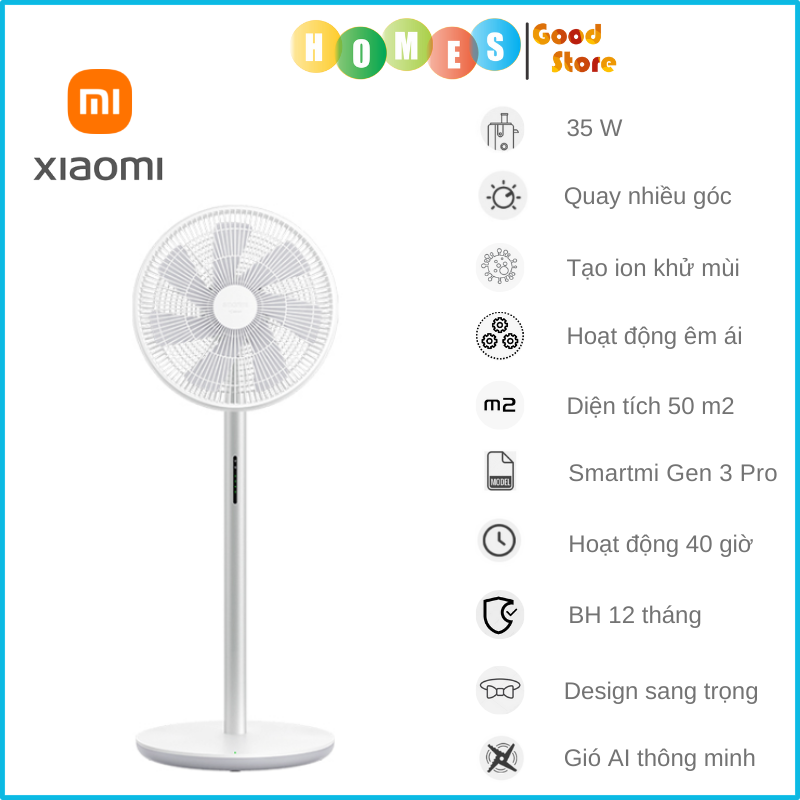 Quạt Tích Điện Không Dây XIAOMI Gen 3 Pro Công Nghệ Xoay 3D Ngang Dọc, Sử Dụng 40 Giờ Liên Tục 100 Tốc Độ Gió AI Thông Minh Có Remote, Kết Nối App Công Suất 35 W- Hàng Quốc Tế