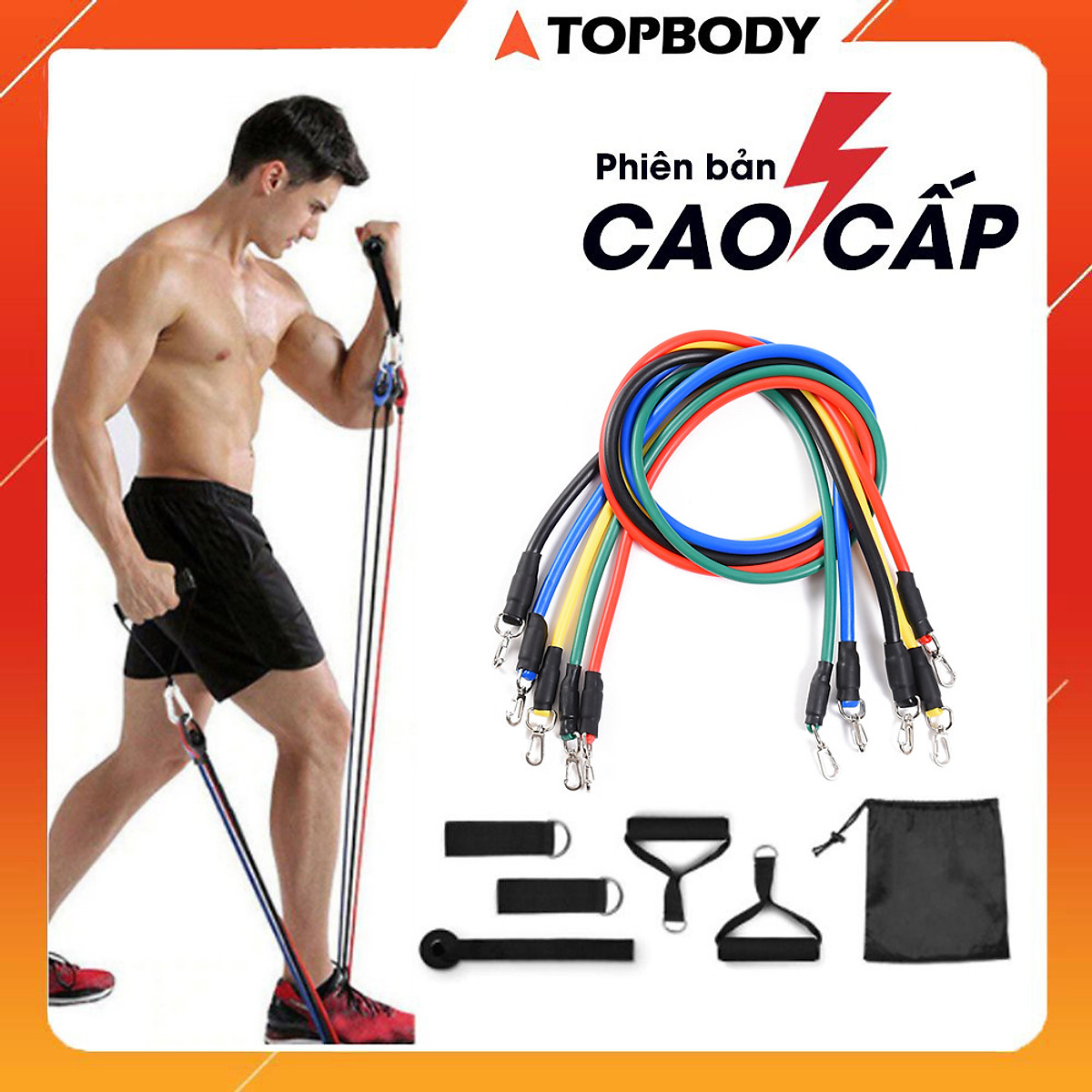 Dây kháng lực tập gym, Dây ngũ sắc tập gym thể hình đa năng tại nhà chất liệu cao su siêu bền TOPBODY