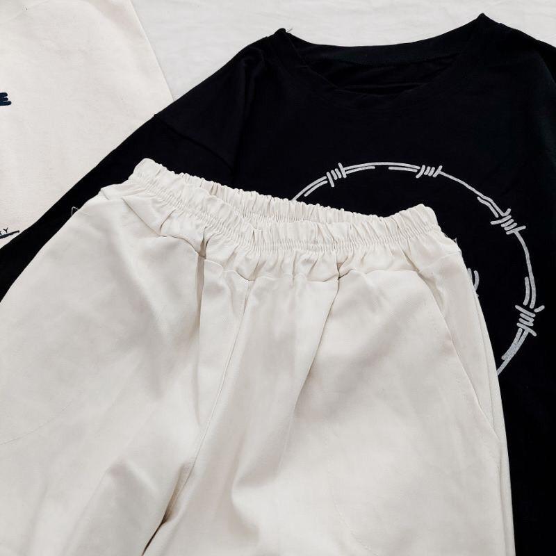 Sét áo thun unisex mặt cười và quần thô màu be siêu xinh