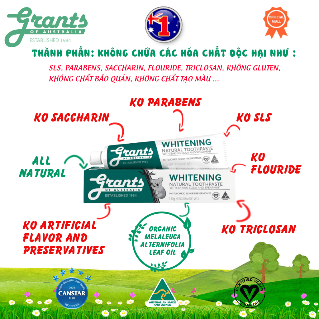 Kem đánh răng thảo dược trắng răng Grants 110g - Bộ 2 tuýp - Với Banking soda và tinh chất bạc hà mạnh giúp làm trắng răng, đánh tan các mảng bám, làm dịu nướu