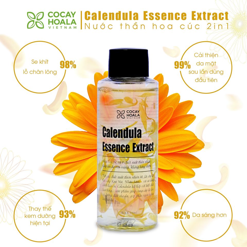 Nước thần hoa cúc 2in1 Calendula Essence Extract- Sáng da, cấp ẩm, se khít lỗ chân lông Cocayhoala 100ml