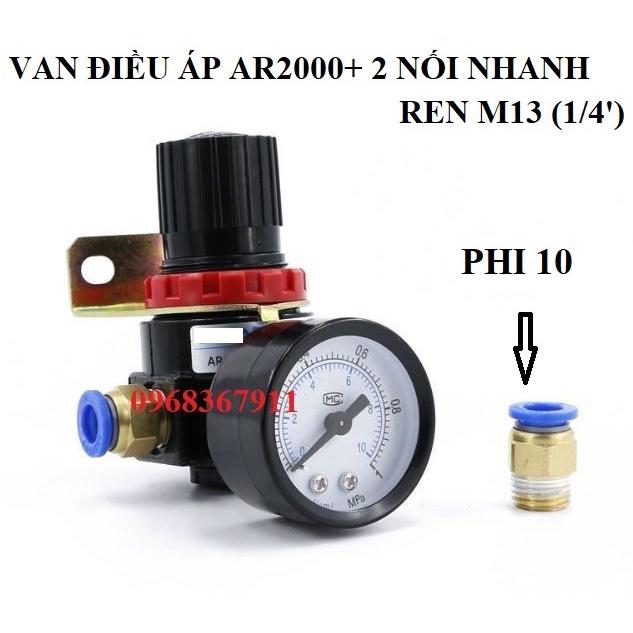 Van tăng giảm áp xuất khí nén AR2000 có kèm chân nối nhanh ống hơi 4-6-8-10-12mm