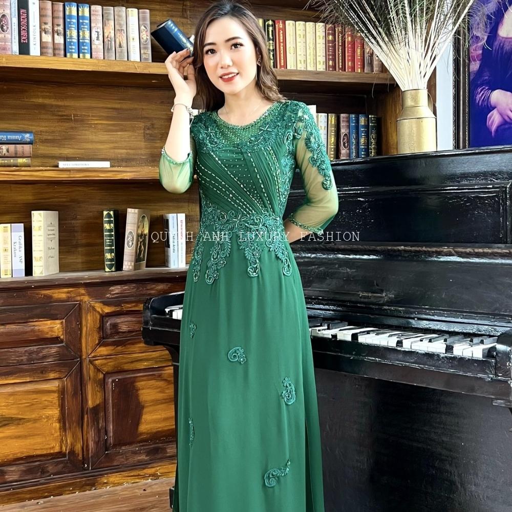 Váy Dạ Hội Áo Dài Xanh Rêu Trung Niên Sang Trọng Cao Cấp Florence Dress