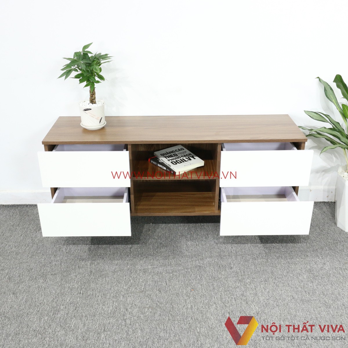Kệ Tivi Gỗ MDF Melamine Màu Óc Chó Hộc Kéo Trắng Đẹp Hiện Đại