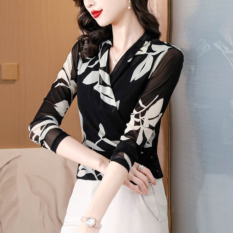 Áo Sơ Mi Lưới Dài Tay Cổ V Chéo Thanh Lịch Cho Nữ SM106 - Hàng Quảng Châu Cao Cấp