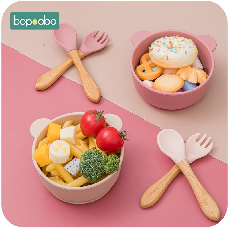 Dẻo Silicone Cho Bé BÁt 4Pc/1 Bộ Bộ Đồ Ăn Chống Thấm Cho Bé Học Tập Tô Bộ Gỗ Giỏ Muỗng Nĩa Không chống Trượt Cho Trẻ Học