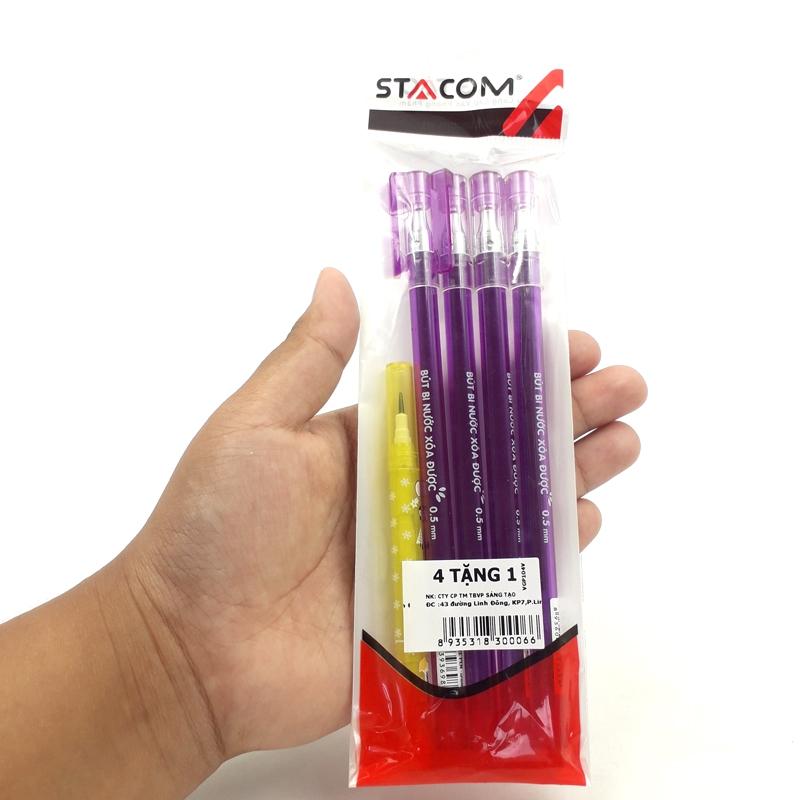 Vỉ 4 Bút Bi Mực Gel Xóa Được Nắp Đậy - 0.5mm Stacom-VGBP104_V - Mực Tím - Kèm 1 Bút Chì PC202