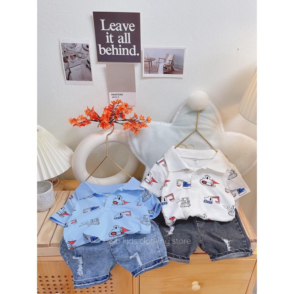 Bộ cộc tay bé trai, bộ áo cổ bẻ cotton quần jean chô bé 10-20kg