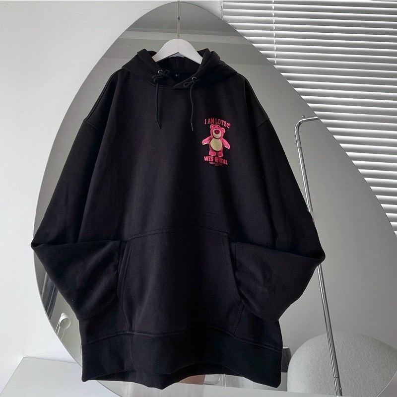 Hình ảnh Áo khoác hoodie chui đầu GẤU DÂU LOSTO màu đen và hồng form rộng vải nỉ lót bông khoác ngoài