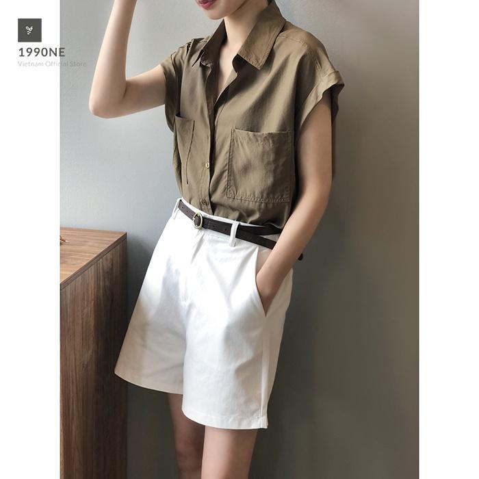 Áo sơ mi thô Linen nữ form rộng cổ bẻ 2 túi ngực trẻ trung LAHSTORE, thời trang phong cách Hàn Quốc
