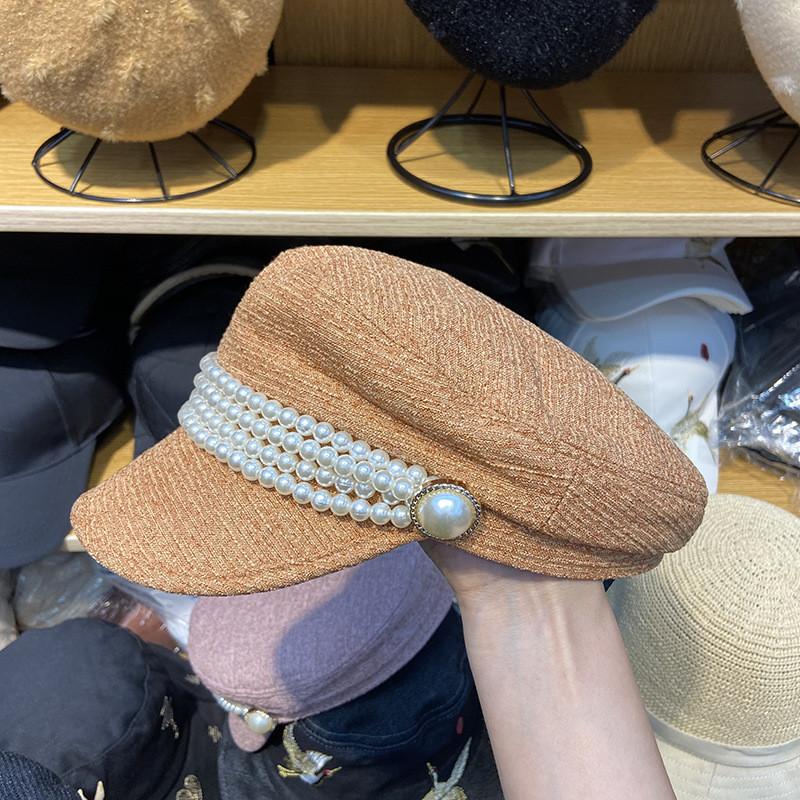 202108-m-tonbu27 Mới Thu Mùa Xuân Dây Đính Ngọc Trai Nút Nữ Giải Trí Bát Giác Nón Nữ Tấm Che Nắp