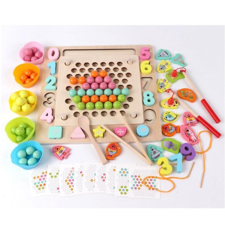 Bộ Giáo Cụ Montessori Đồ Chơi Gỗ Đa Tính Năng Kết Hợp Câu Cá Gắp Hạt Xếp Hình Khối, Lắp Số Kèm Xâu Dây