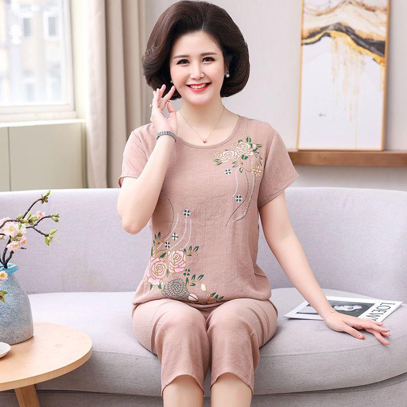 Đồ bộ trung niên cho mẹ, bộ đũi hoa hồng kiểu dáng sang trọng