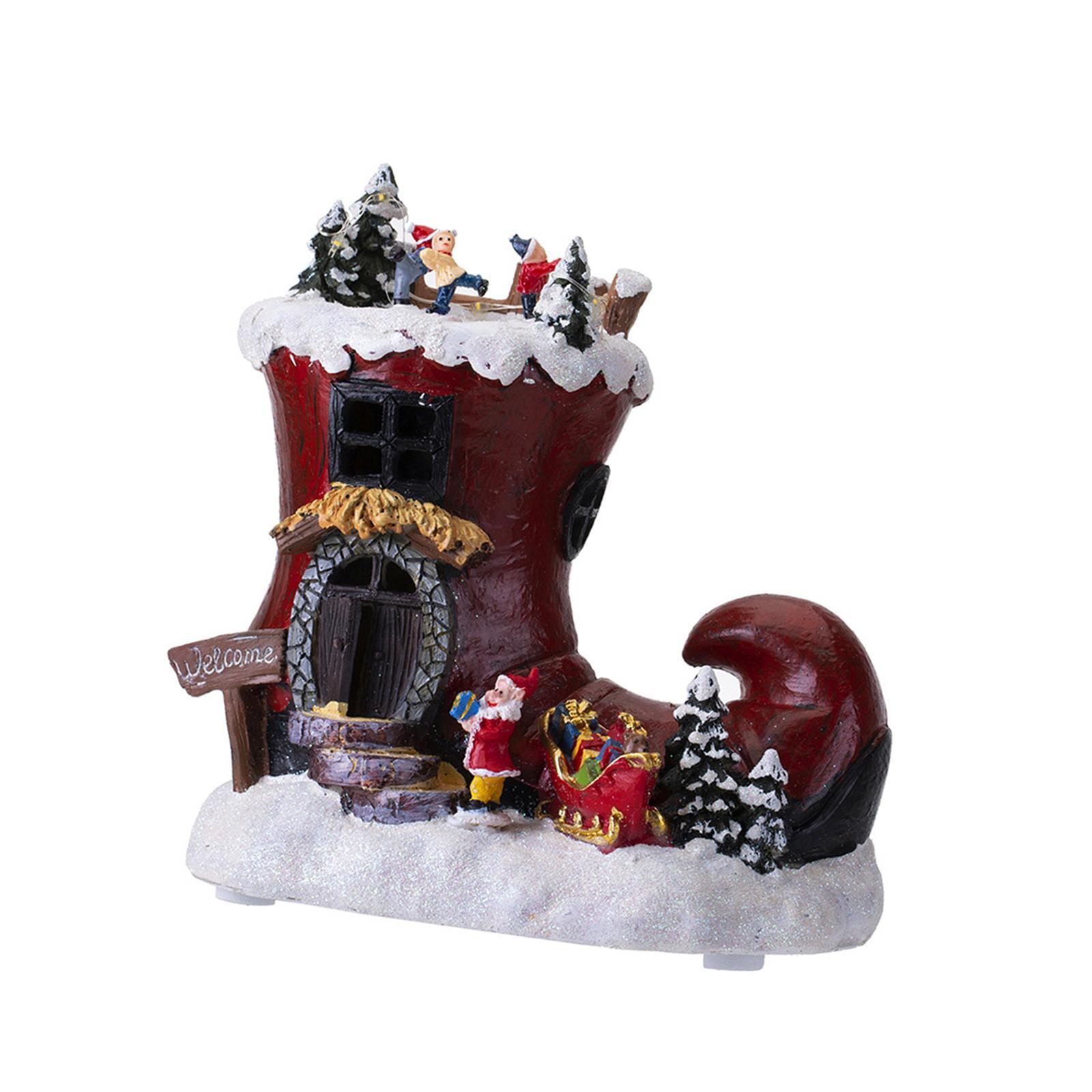 Rotating Boot House Music Box Christmas Ornament Table Centerpiece with Light Santa Claus Figurines for Home Dorm Restaurant