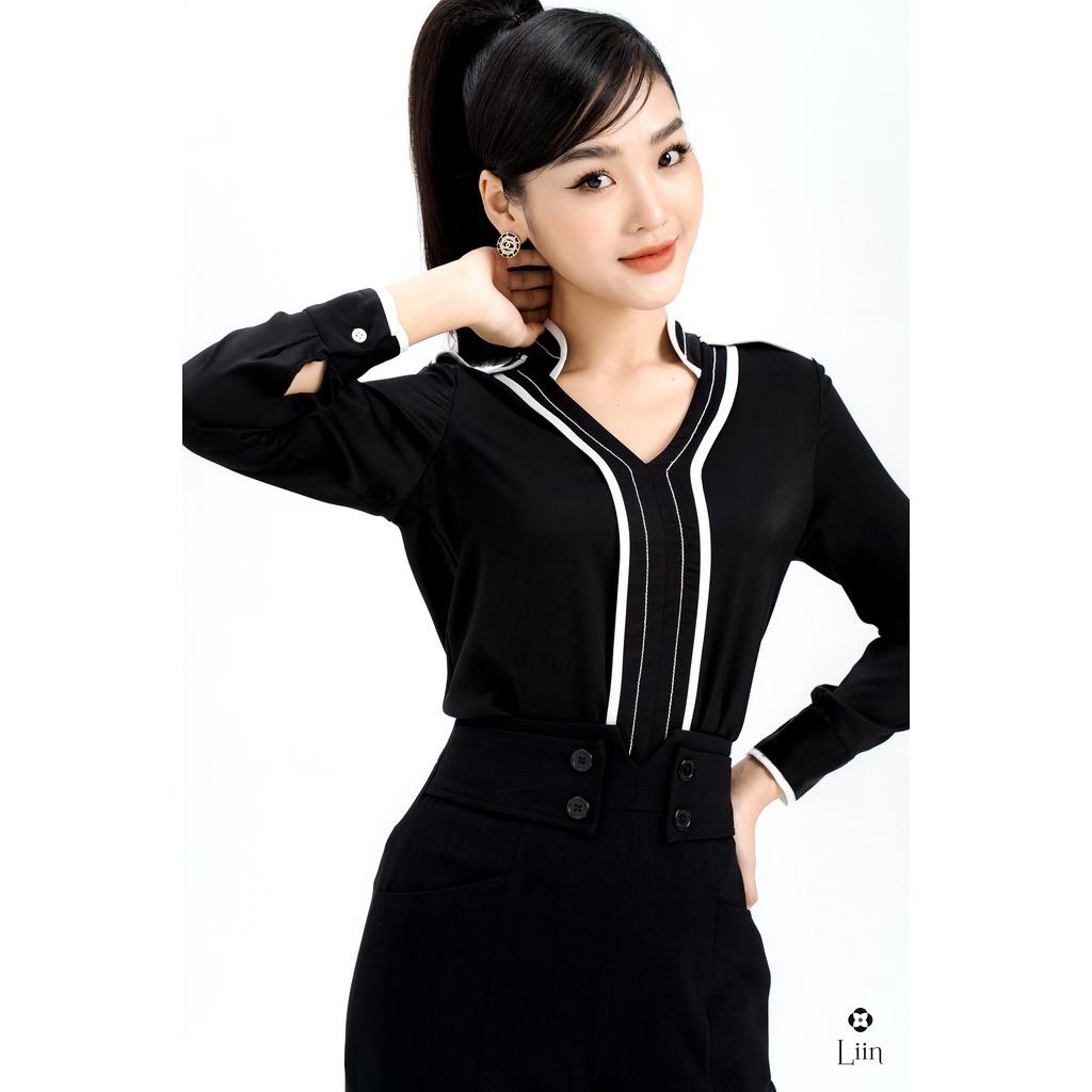 ✹✜Áo sơ mi nữ dài tay form công sở màu Trắng Cổ Tàu kết hợp viền đen thanh lịch Liin Clothing SM3565
