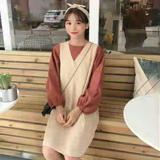 Đầm suông nữ giá rẻ, đầm nữ tay dài, đầm nữ phối màu dễ thương