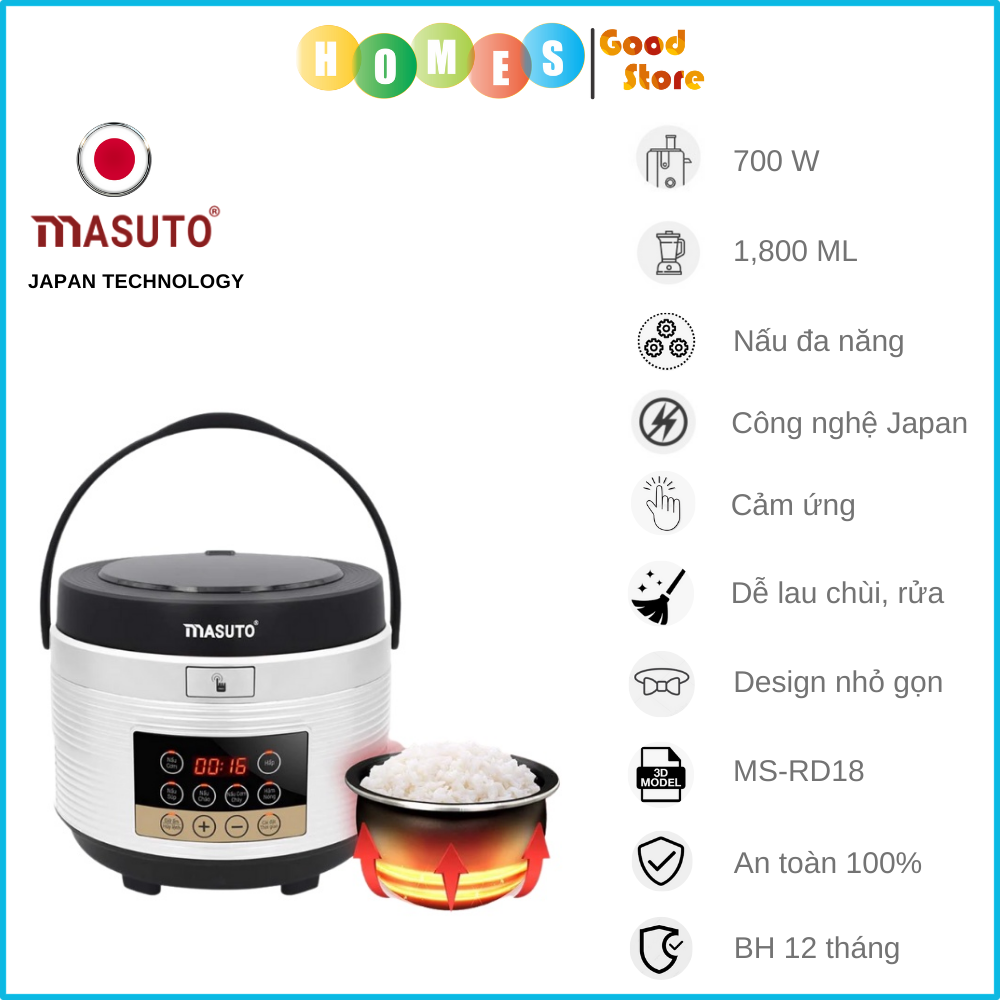 Nồi Cơm Điện Tử MASUTO MS-RD18 Công Nghệ Nhật Bản Dung Tích 1.25L Công Suất 700W - Hàng Chính Hãng