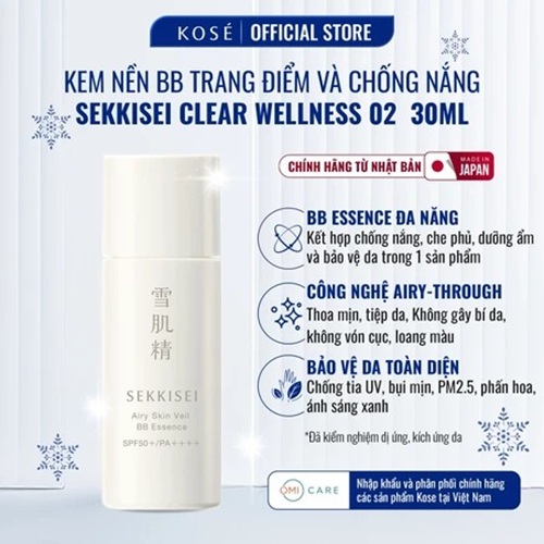 Kem Nền BB Sekkisei Che Phủ Tự Nhiên, Nền Thoáng Mịn, Chống Nắng SPF50+ PA++++ Clear Wellness Kose Nhật Bản 30ML