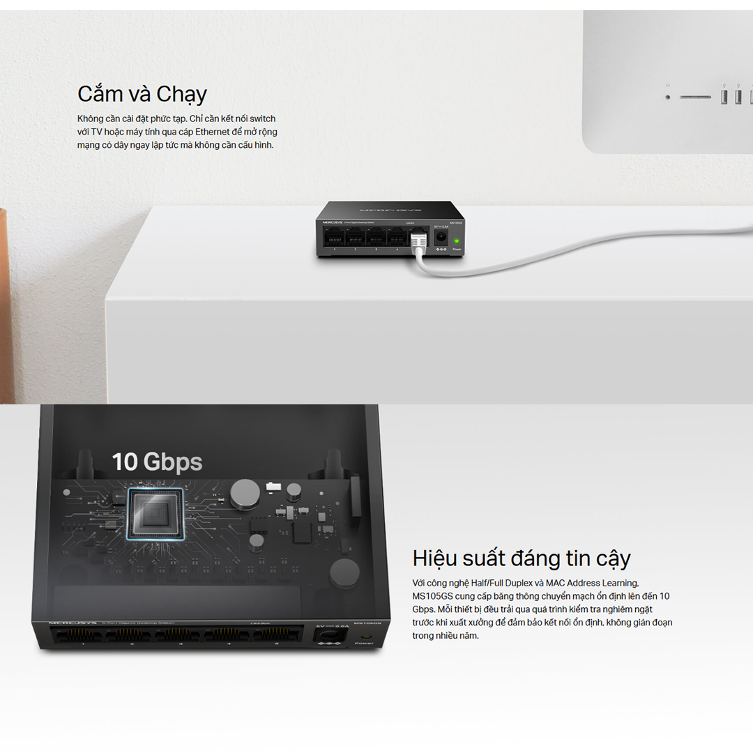 Bộ Switch Để Bàn Gigabit Mercusys MS105GS 5 cổng RJ45 10/100/1000 Mbps, Hỗ Trợ Auto-MDI/MDIX - Hàng Chính Hãng