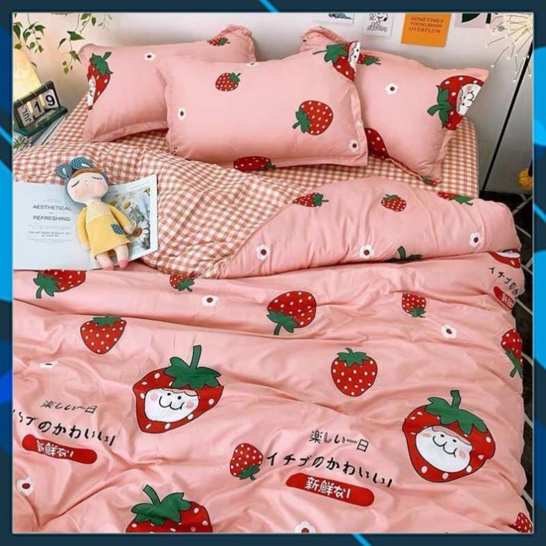 Bộ chăn ga gối Cotton poly quả dâu baby, vỏ chăn mền, drap giường và 2 vỏ gối