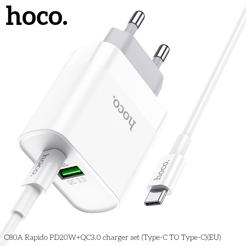 Bộ Củ Sạc Hoco C80A Kèm Cáp Sạc type C to type-c sạc nhanh PD20W QC3.0 cho điện thoại Ipad samsung -hàng chính hãng