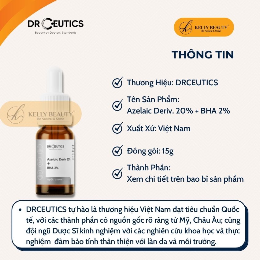 Serum Mụn DrCeutics Azelaic Deriv 20% + BHA 2% - Giảm Mụn Mờ Thâm; Thoáng Lỗ Chân Lông | Kelly Beauty