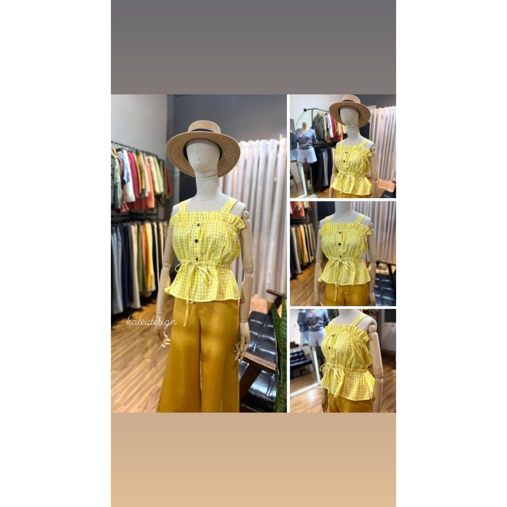 Áo 2 dây rút eo caro yellow- caro gree