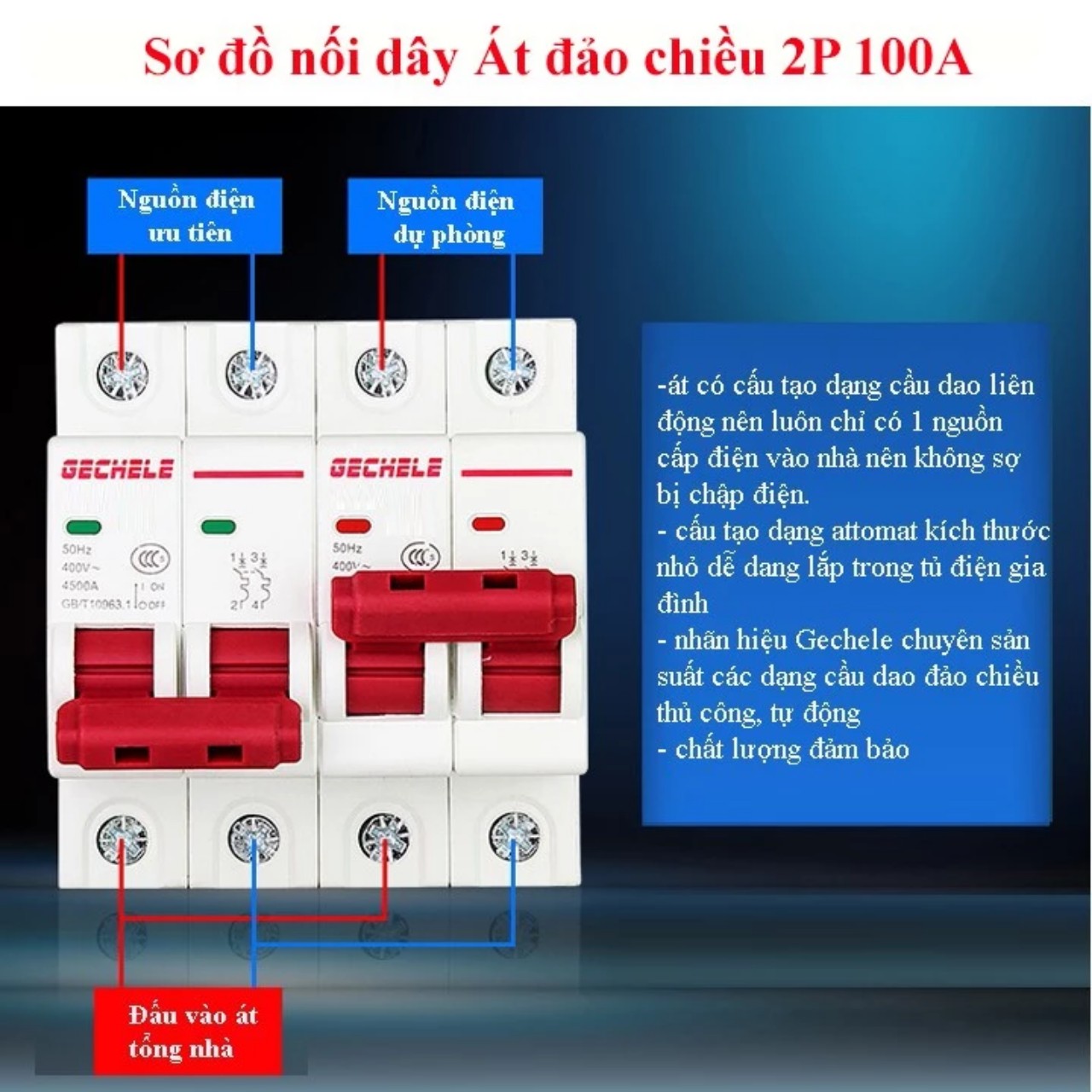 CB đảo chiều 2 nguồn điện 2 pha 100A 2P 230V Gechele