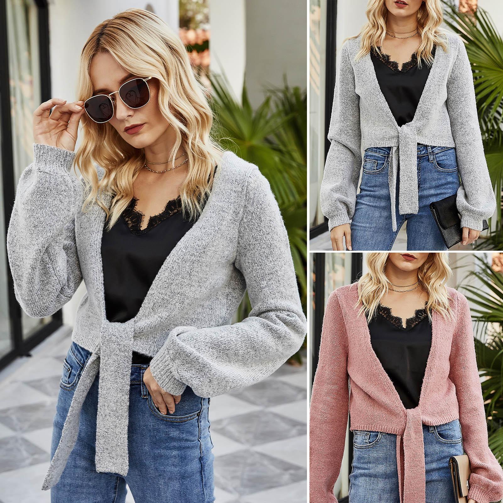 Women Knitted Sweater Cardigan Tied Hem Shawl Lantern Long Sleeve Soft Solid Crop Tops Slim Fit Coat