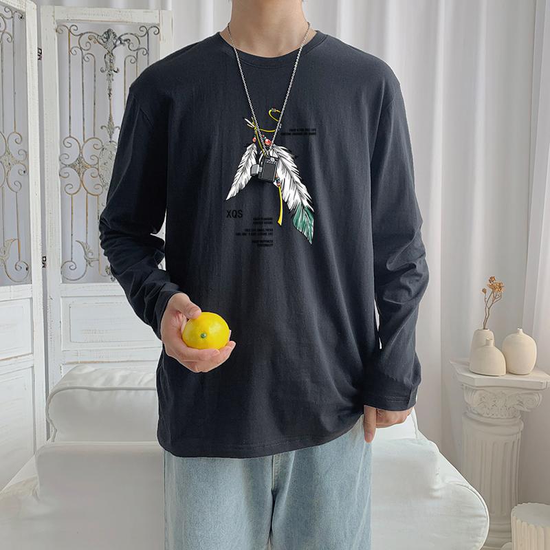 Áo thun cotton tay dài in hình lông vũ 4 màu phong cách năng động  cho nam