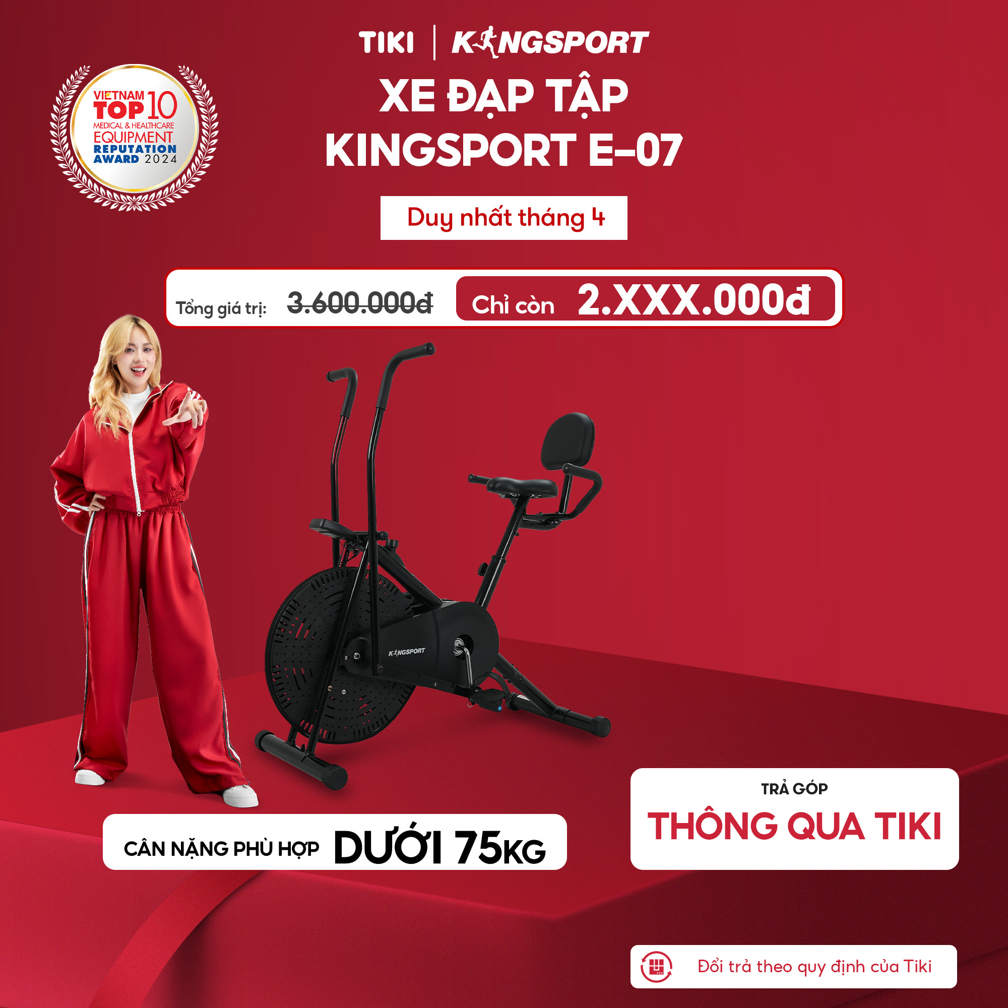 Xe đạp tập KINGSPORT Classic E-07, ghế tựa phù hợp người lớn tuổi, tích hợp đồng hồ đo lường chỉ số
