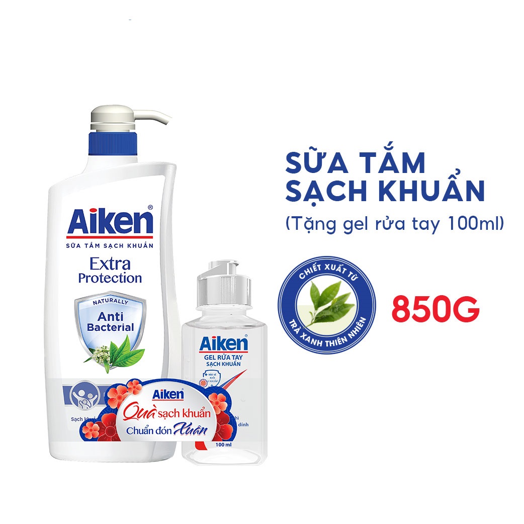 Sữa tắm sạch khuẩn Aiken Chiết Xuất Trà Xanh Thiên Nhiên 850g - Tặng Gel rửa tay 100ml