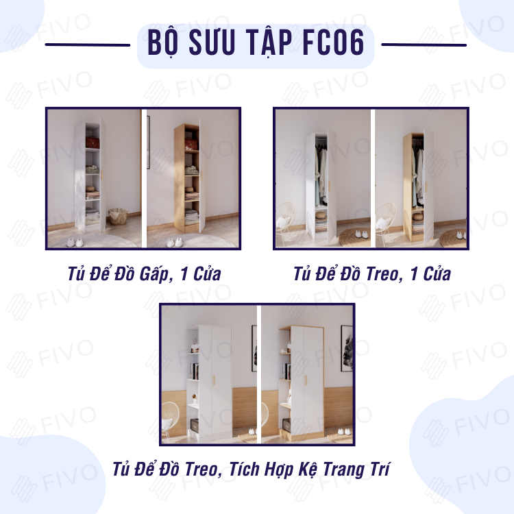 Tủ Áo Gỗ Chống Ẩm Cao Cấp 1 Cửa FIVO FC06, Mẫu Mã Đa Dạng, Phù Hợp Cho Không Gian Nhà Nhỏ, Giá Rẻ - Màu Gỗ Trắng