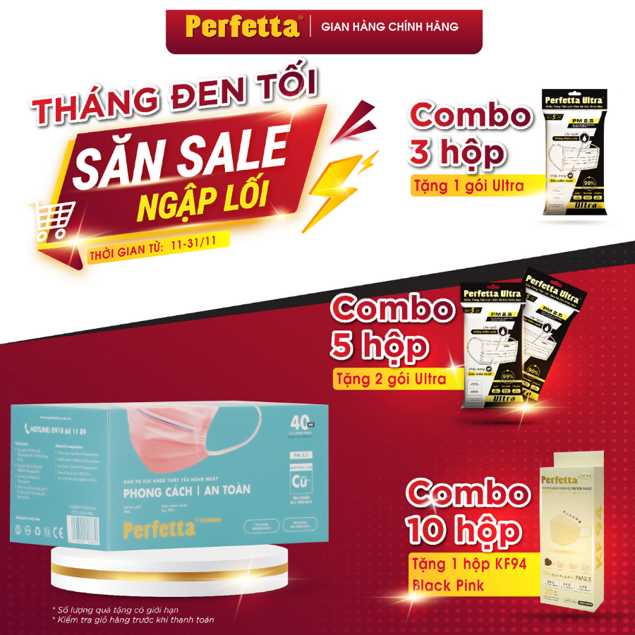 Khẩu Trang Y Tế 3 lớp Perfetta Premium cao cấp chuẩn Nhật Bản, 2 thanh mũi miệng,lớp ngoài phủ Nano đồng